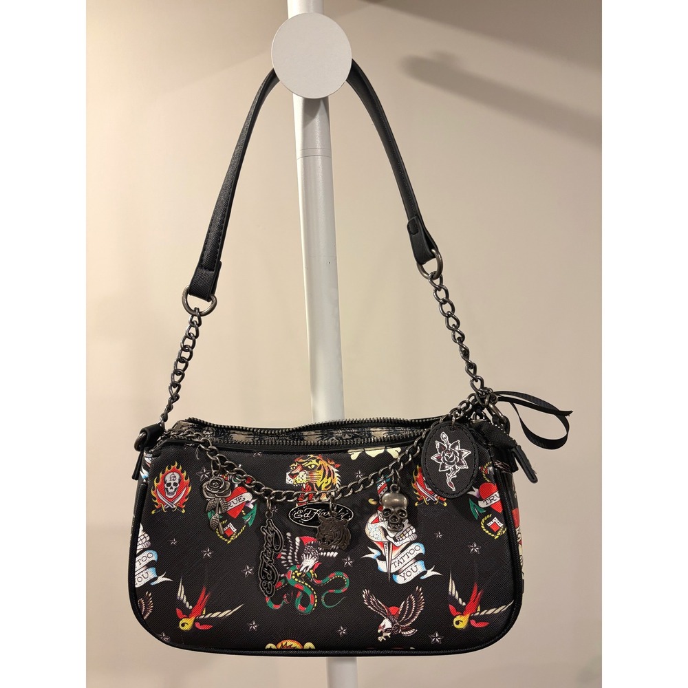 Vintage Y2K Ed‎ Hardy Baguette Bag Tattoo Saffiano Black Tiger Skull Charm Bow